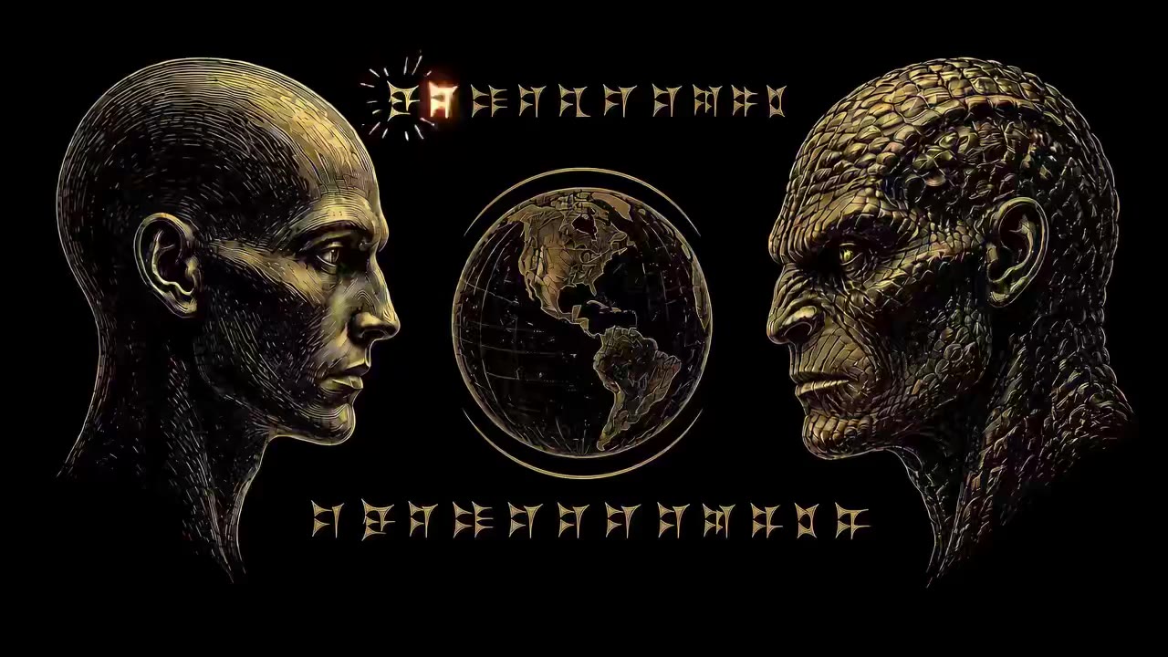 Two gold figures face each other across a glowing globe.