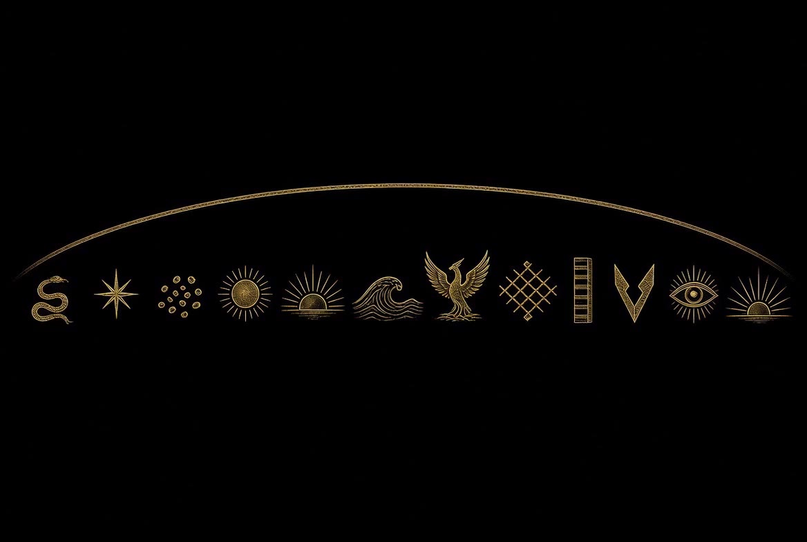 An arc of gold emblems above a ring of marks.