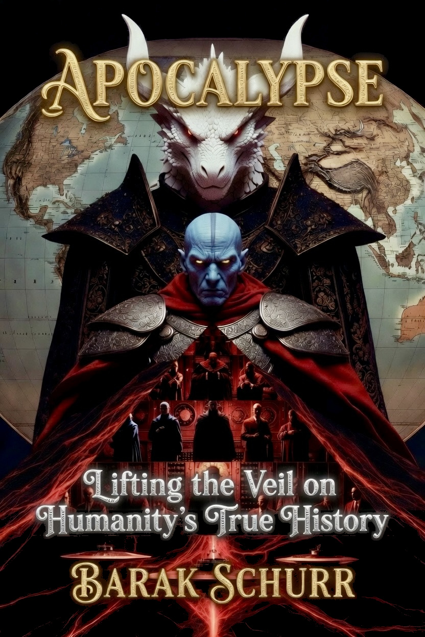 Book cover: a white dragon and a blue-skinned figure in a red cloak stand before an antique map of Earth.
