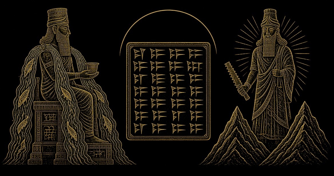 A seated figure and a rayed figure stand on either side of a tablet.