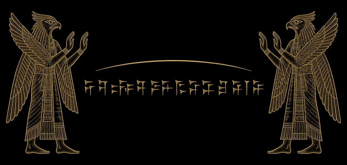 Two eagle-headed guardians face each other across a line of marks.
